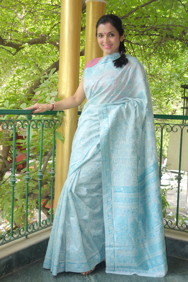 Sky blue cotton Kani saree - Kashmir Collection - sohum sutras