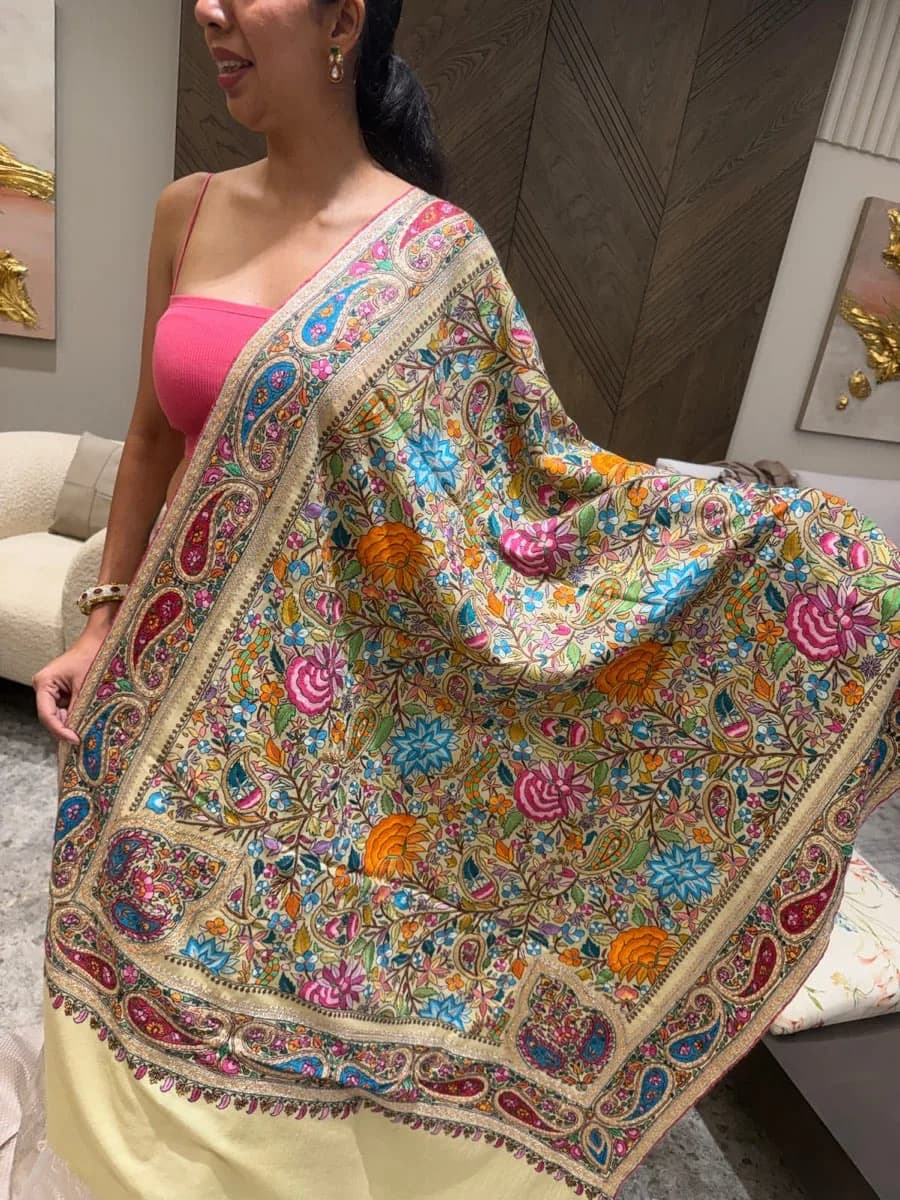 Ladies Pure Pashmina Chashme Bulbul Hand Embroidered Shawl with Tilla Koniyas — Hand Woven, Pure Pashmina, Kashmir