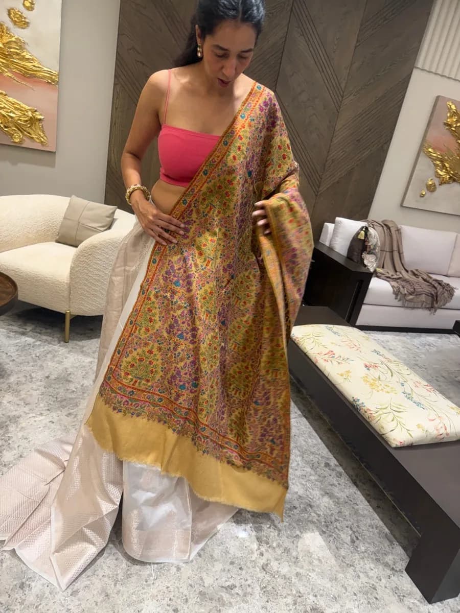 Ladies Pure Pashmina Hand Embroidered Sozni Needlework Shawl in Mustard — Hand Woven, Pure Pashmina, Kashmir