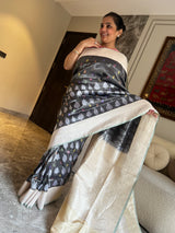 Gunmetal Grey Tissue Kora Silk Saree with Multicolour Meena Leaves and Kaduwa Weave