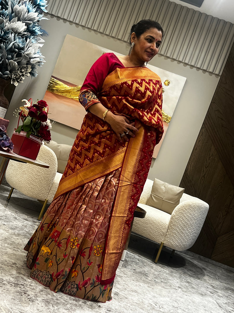 Semi-Stitched Kota Doria Lehenga with Paithani Border and Banarasi Gharchola Dupatta