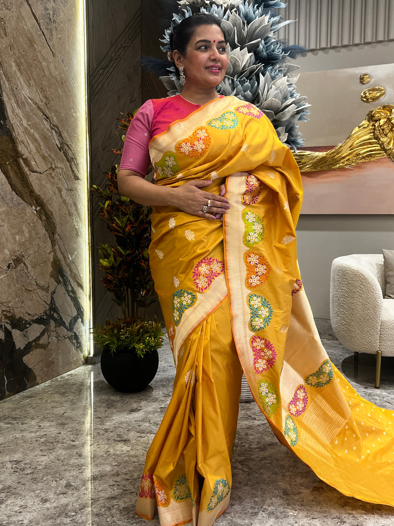 A Timeless Turmeric Yellow Katan Silk Saree with Intricate Kaduwa Weave