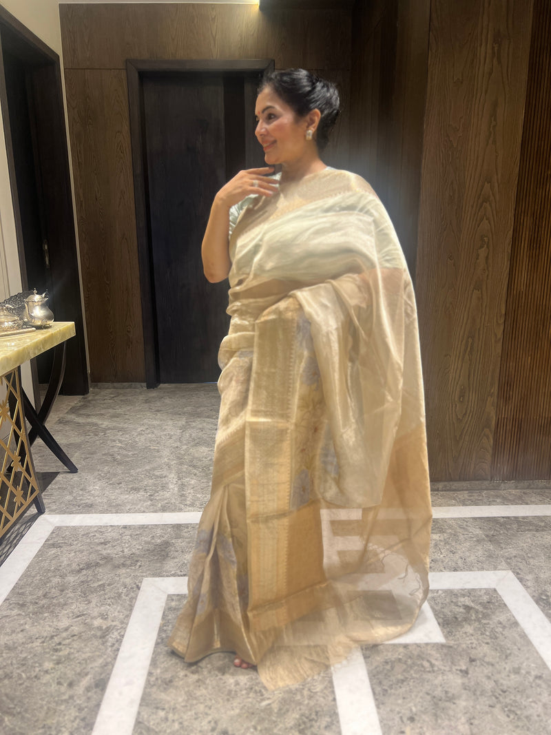 Effortless Glamour in a Champagne Gold Tissue Kora Silk Digital Print Saree