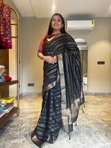 Timeless Black Chanderi Silk Saree with Zari Stripes