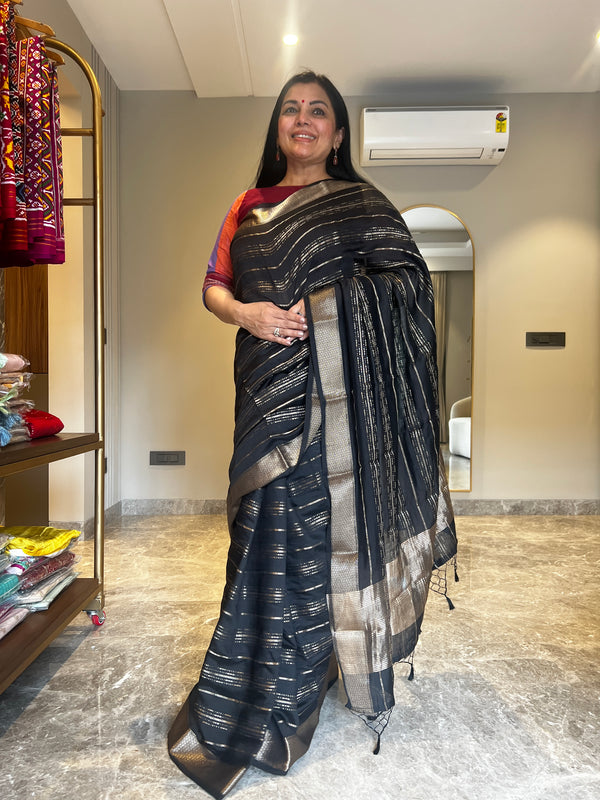 Timeless Black Chanderi Silk Saree with Zari Stripes