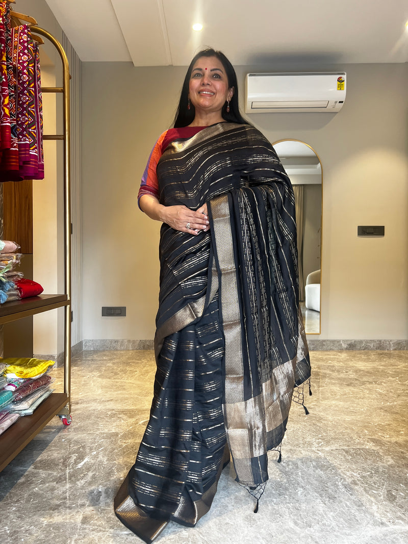 Timeless Black Chanderi Silk Saree with Zari Stripes