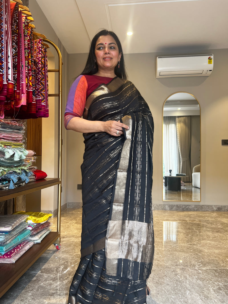 Timeless Black Chanderi Silk Saree with Zari Stripes