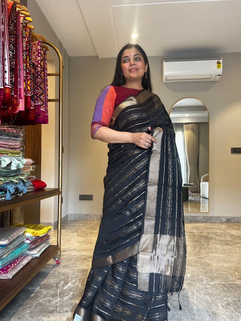 Timeless Black Chanderi Silk Saree with Zari Stripes