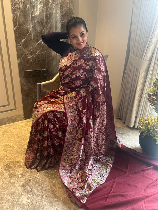 Timeless Beauty in Wine: Tussar Khaddi Georgette Saree with Vintage Jaal