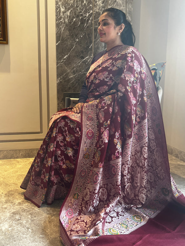 Timeless Beauty in Wine: Tussar Khaddi Georgette Saree with Vintage Jaal