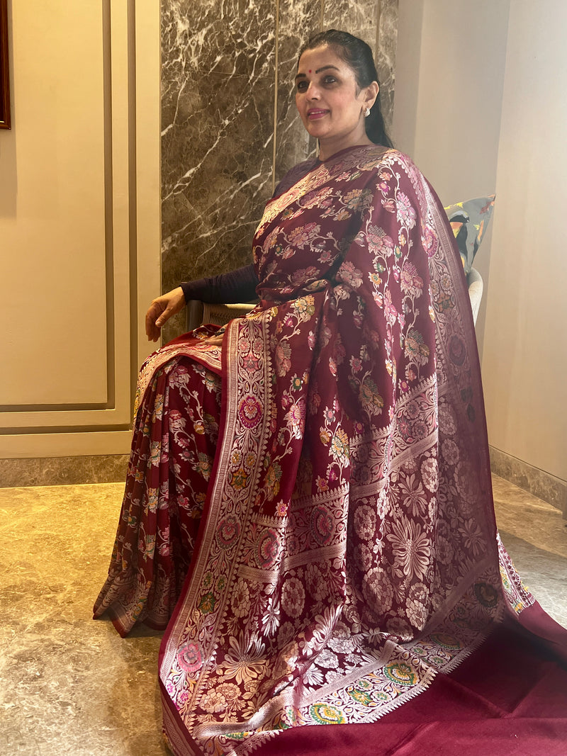 Timeless Beauty in Wine: Tussar Khaddi Georgette Saree with Vintage Jaal