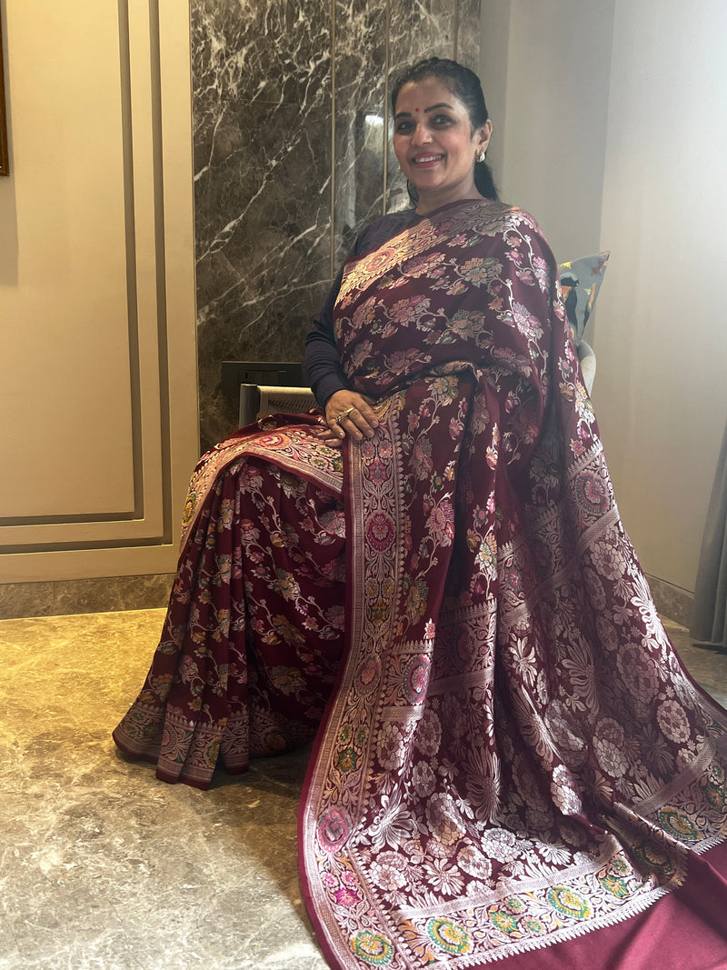 Timeless Beauty in Wine: Tussar Khaddi Georgette Saree with Vintage Jaal