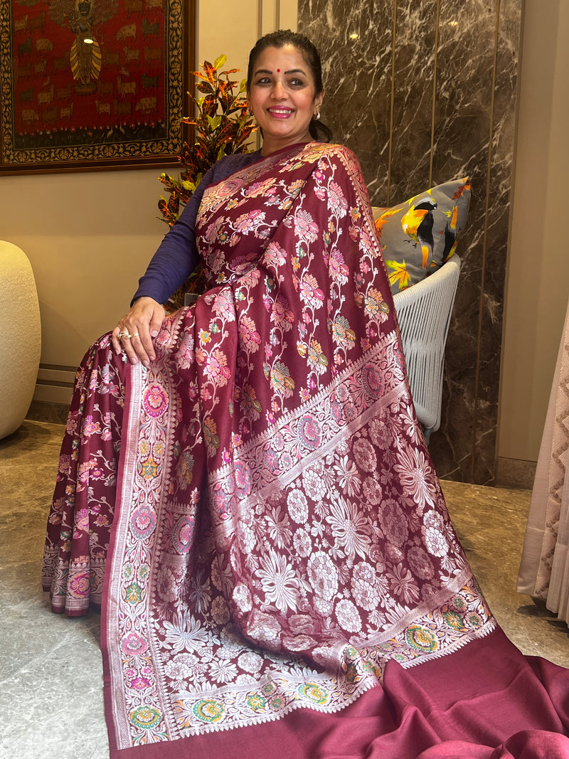 Timeless Beauty in Wine: Tussar Khaddi Georgette Saree with Vintage Jaal