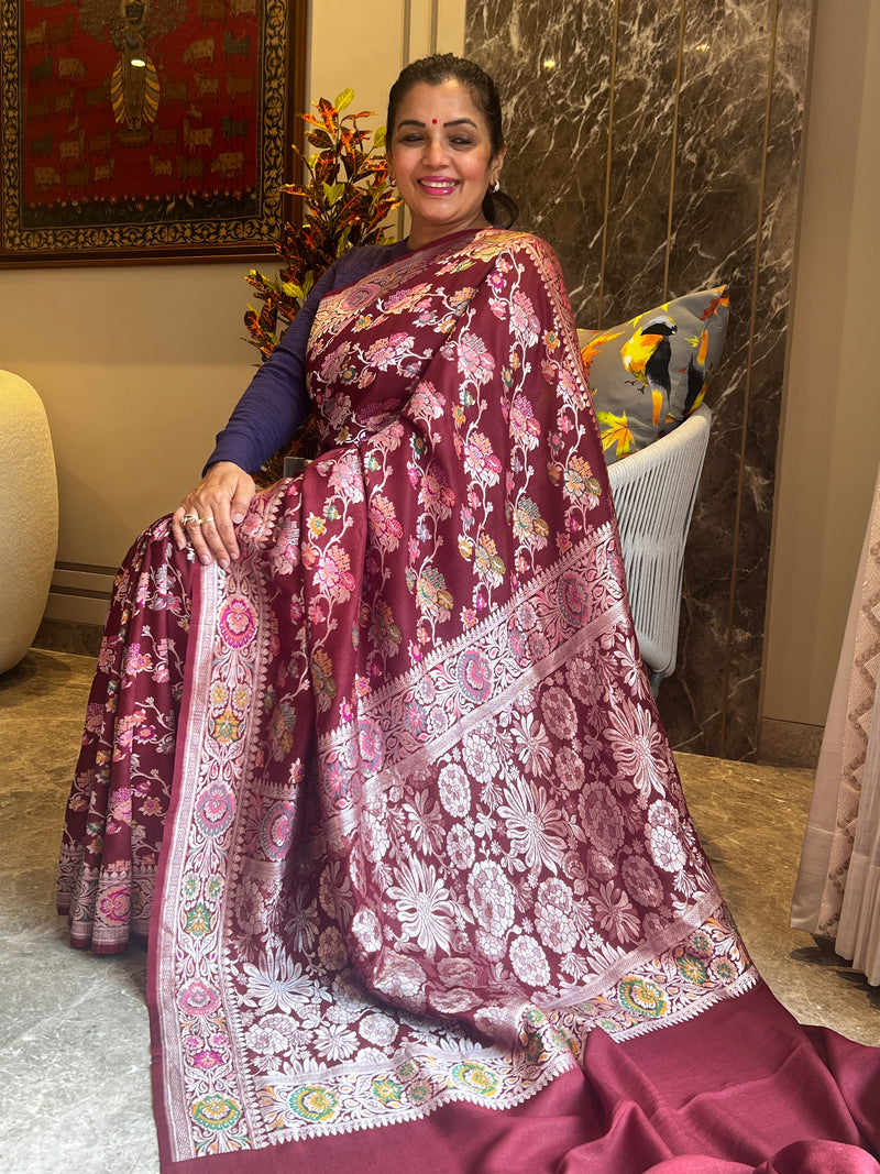 Timeless Beauty in Wine: Tussar Khaddi Georgette Saree with Vintage Jaal