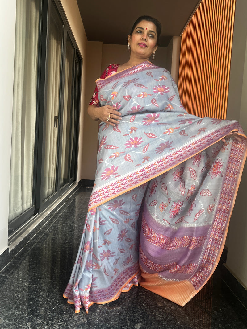 Silver Grey and Sunrise Orange Kaduwa Weave Floral Saree