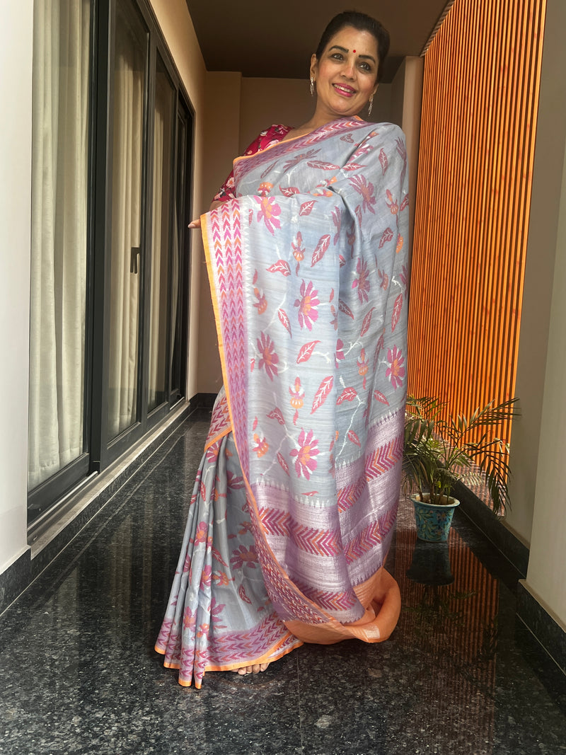 Silver Grey and Sunrise Orange Kaduwa Weave Floral Saree