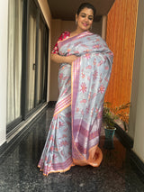 Silver Grey and Sunrise Orange Kaduwa Weave Floral Saree