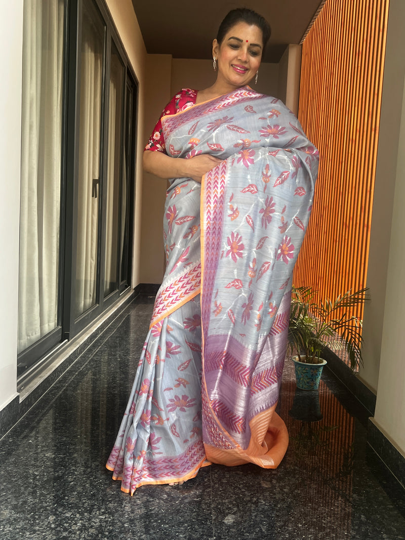 Silver Grey and Sunrise Orange Kaduwa Weave Floral Saree