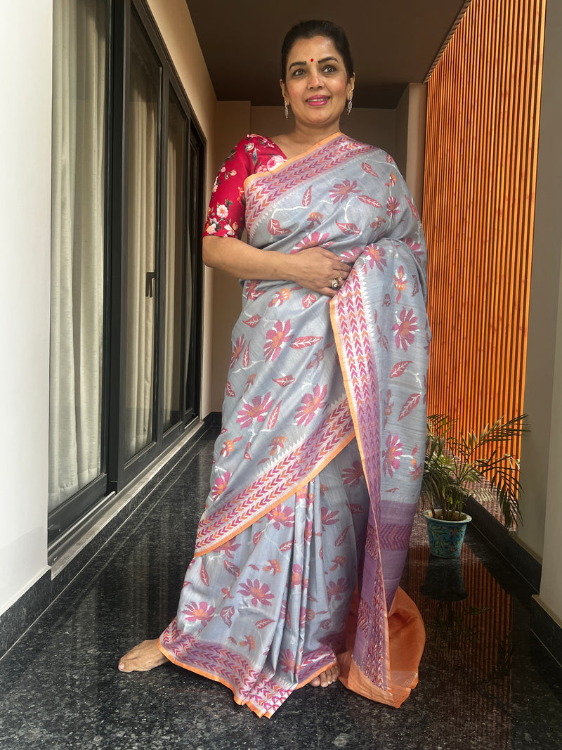 Silver Grey and Sunrise Orange Kaduwa Weave Floral Saree