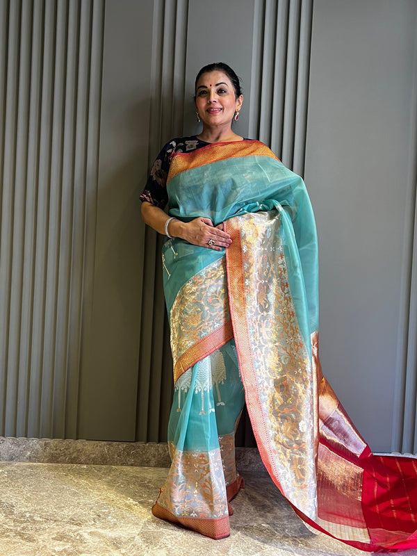 Enchanting Kora Silk Saree with Tissue Katan Silk Border - Kaduwa Weave