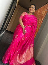 Hot Pink Ektara Katan Silk Saree with Mushroo Silk Border