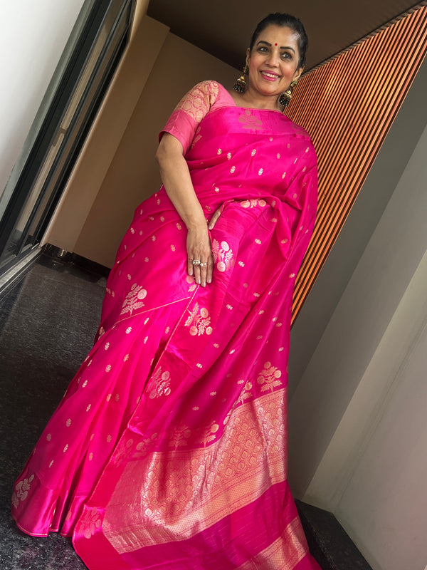 Hot Pink Ektara Katan Silk Saree with Mushroo Silk Border