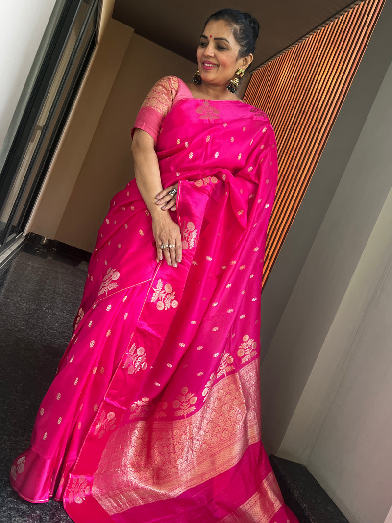 Hot Pink Ektara Katan Silk Saree with Mushroo Silk Border