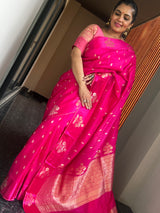 Hot Pink Ektara Katan Silk Saree with Mushroo Silk Border