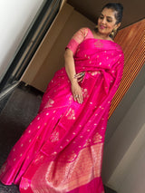 Hot Pink Ektara Katan Silk Saree with Mushroo Silk Border