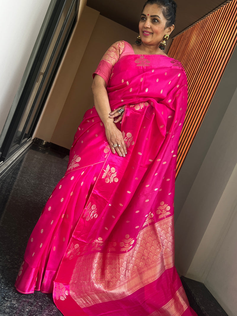 Hot Pink Ektara Katan Silk Saree with Mushroo Silk Border