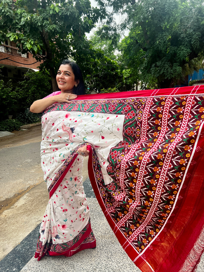 Double Ikat Patan Patola Hand Embroidered with Single Silk Thread