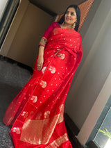 A Timeless Red Ektara Katan Silk Saree with Woven Zari Flower Motifs