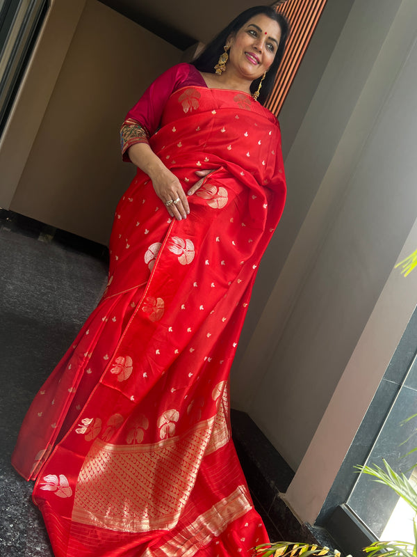 A Timeless Red Ektara Katan Silk Saree with Woven Zari Flower Motifs