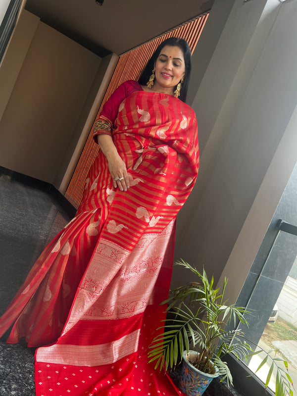 Red Ektara Katan Silk Saree with Stripes and Peacock Motifs