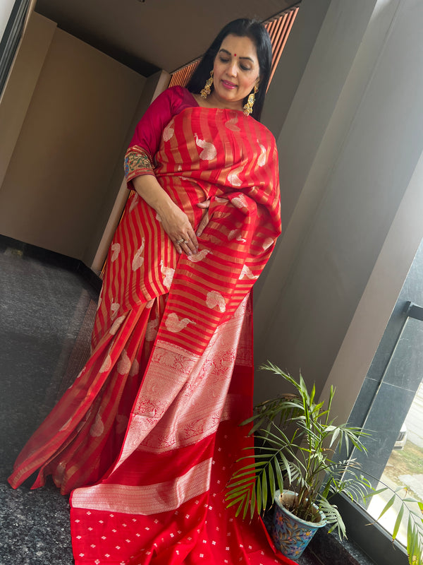 Red Ektara Katan Silk Saree with Stripes and Peacock Motifs