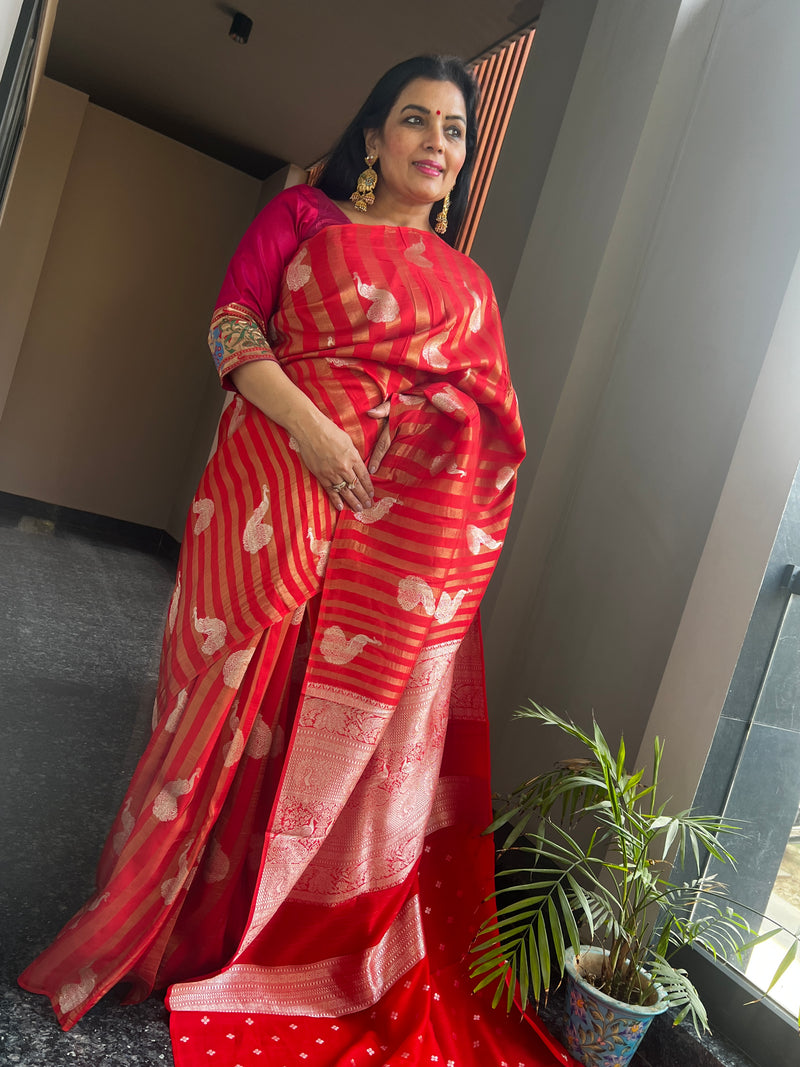 Red Ektara Katan Silk Striped Saree with Peacock Motifs