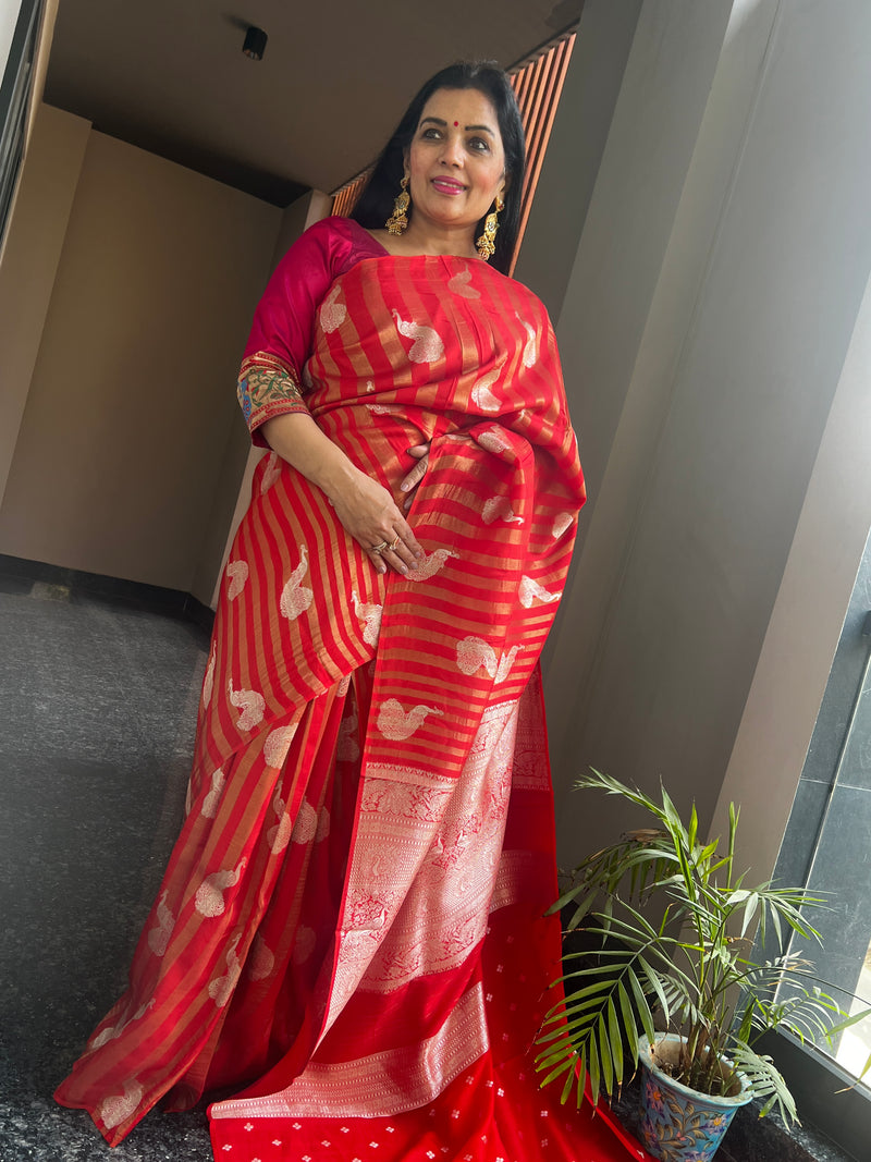 Red Ektara Katan Silk Striped Saree with Peacock Motifs