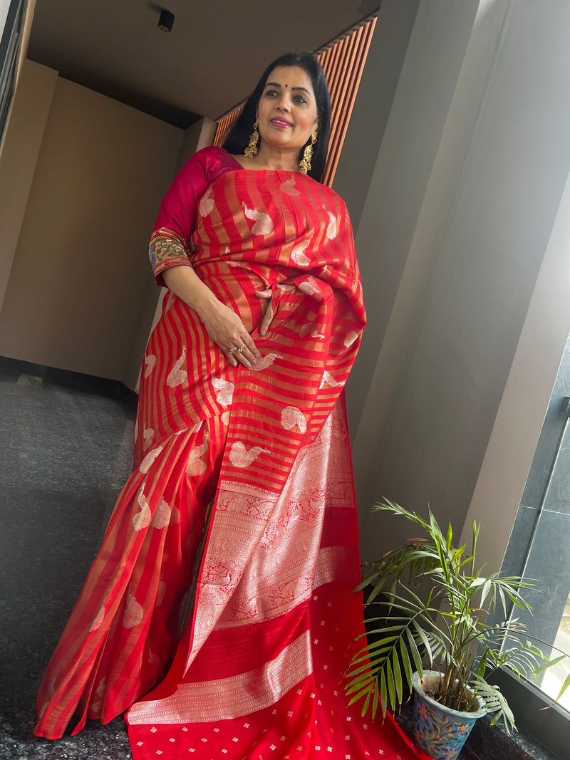 Red Ektara Katan Silk Striped Saree with Peacock Motifs