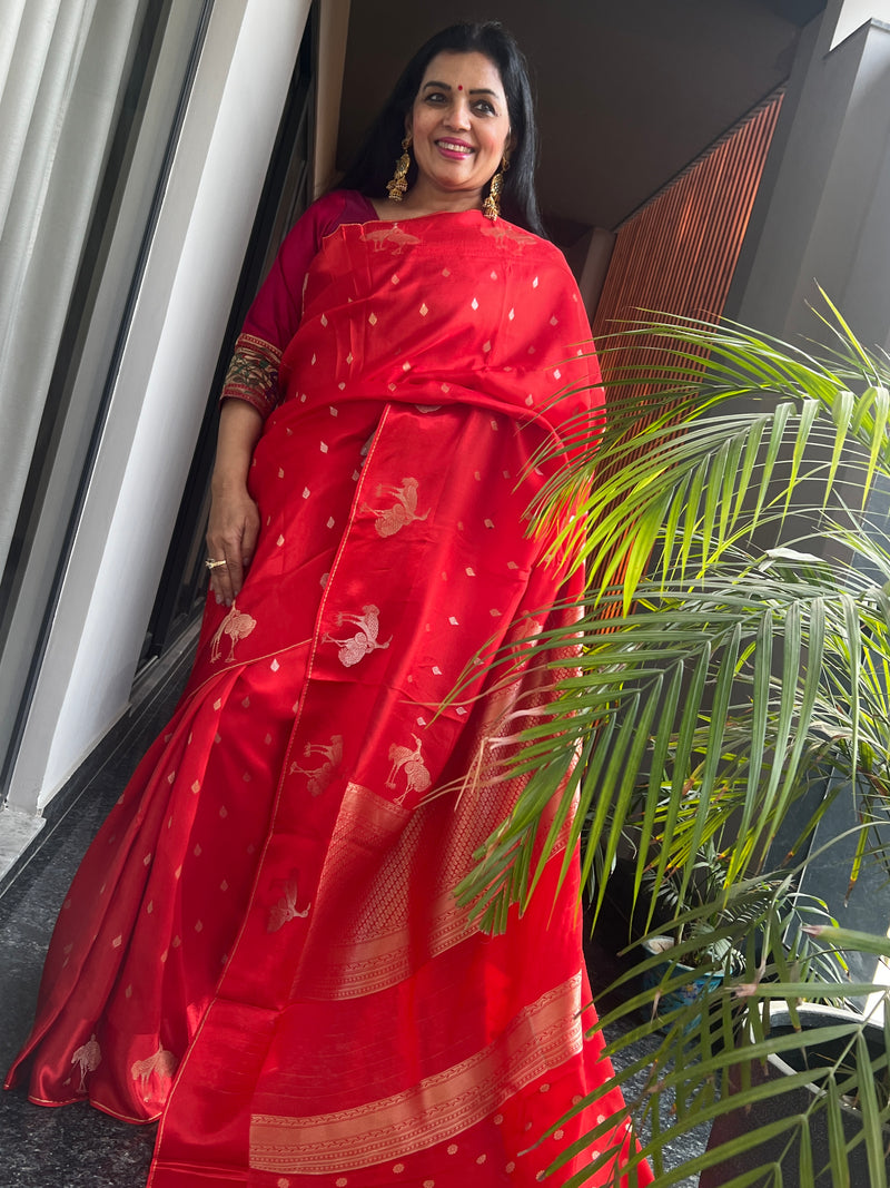 A Timeless Red Ektara Katan Silk Saree with Woven Zari Flower Motifs