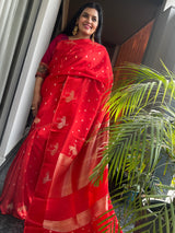 A Timeless Red Ektara Katan Silk Saree with Woven Zari Flower Motifs