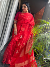 A Timeless Red Ektara Katan Silk Saree with Woven Zari Flower Motifs