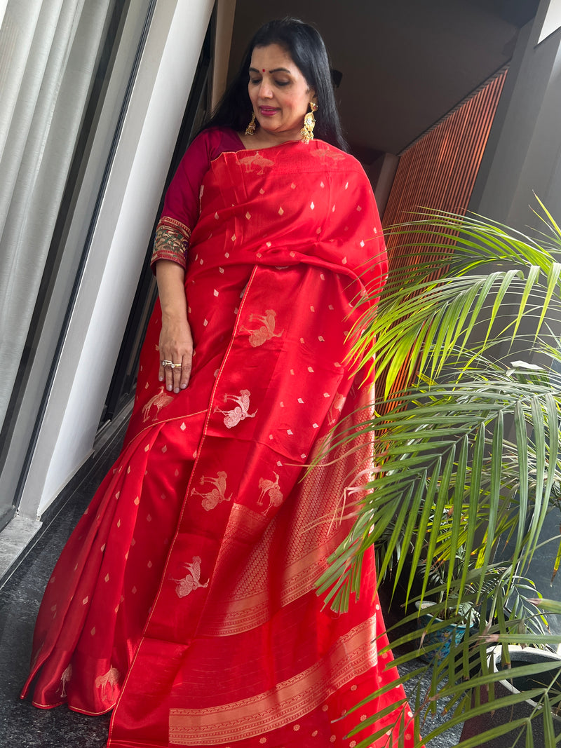 A Timeless Red Ektara Katan Silk Saree with Woven Zari Flower Motifs