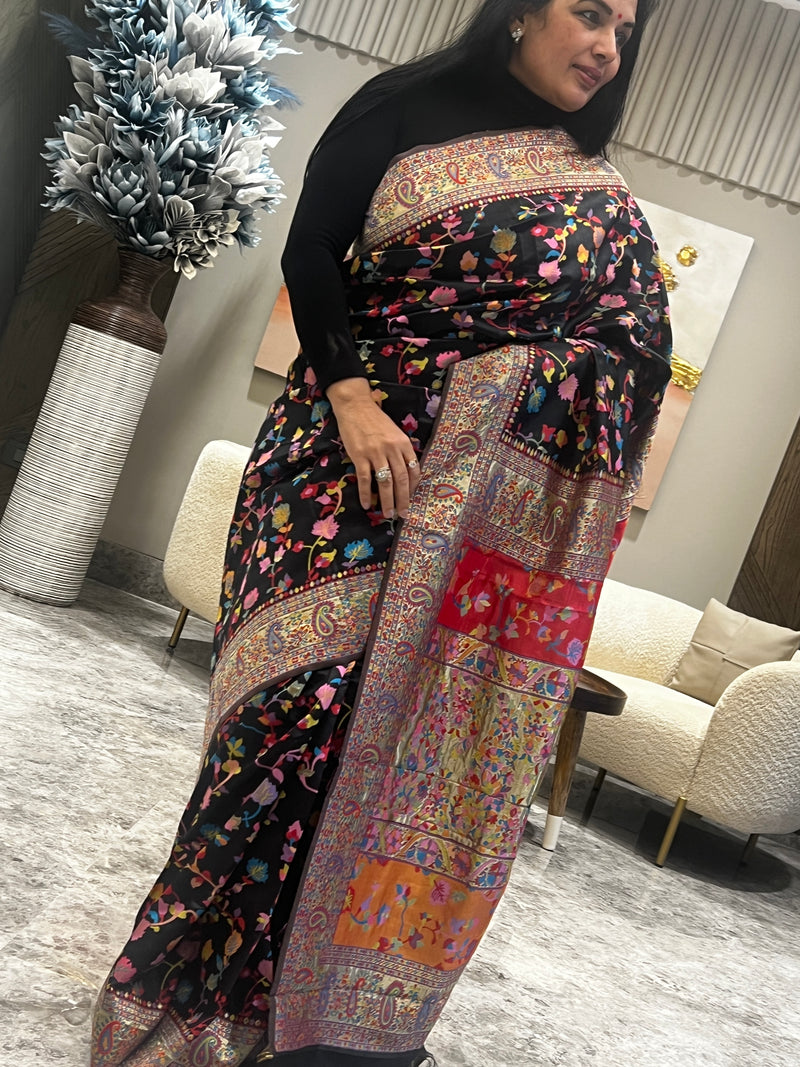 A Timeless Black Dupion Silk Kani Saree with Multicolour Chinar Leaves