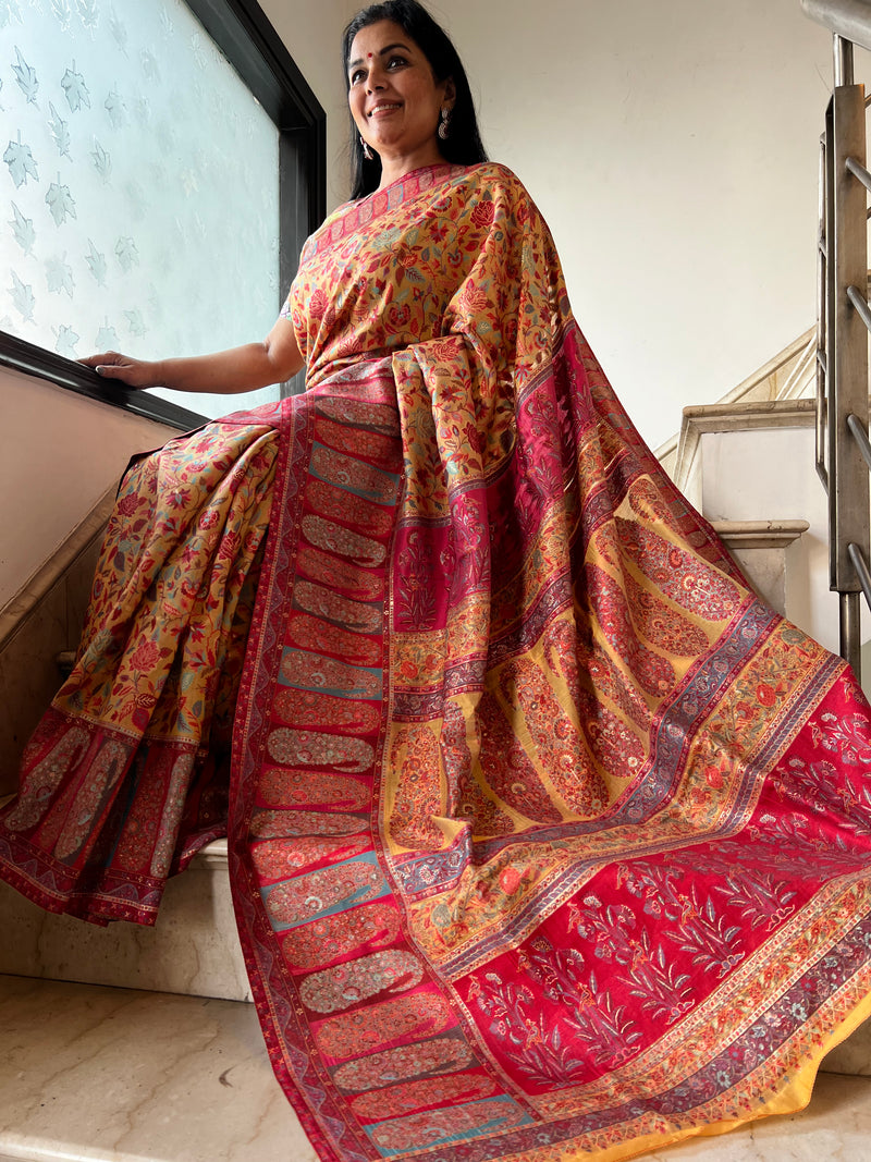 Elegance in Silk: Yellow Kani Saree with Multicolor Border and Pallu