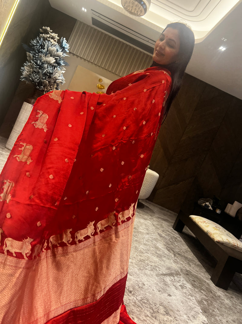 Red Ektara Katan Silk Saree with Mushroo Silk Border and Woven Pichwai Cow Motifs