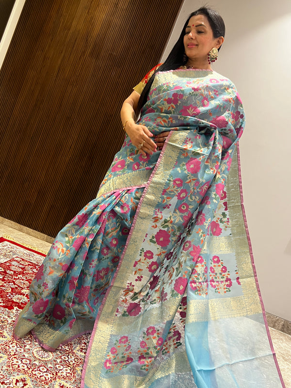 A Play of Blue and Pink in Kora Silk