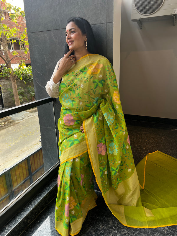 Enchanting Lime Green Cotton Jamdani Saree with Rose Motif Jaal