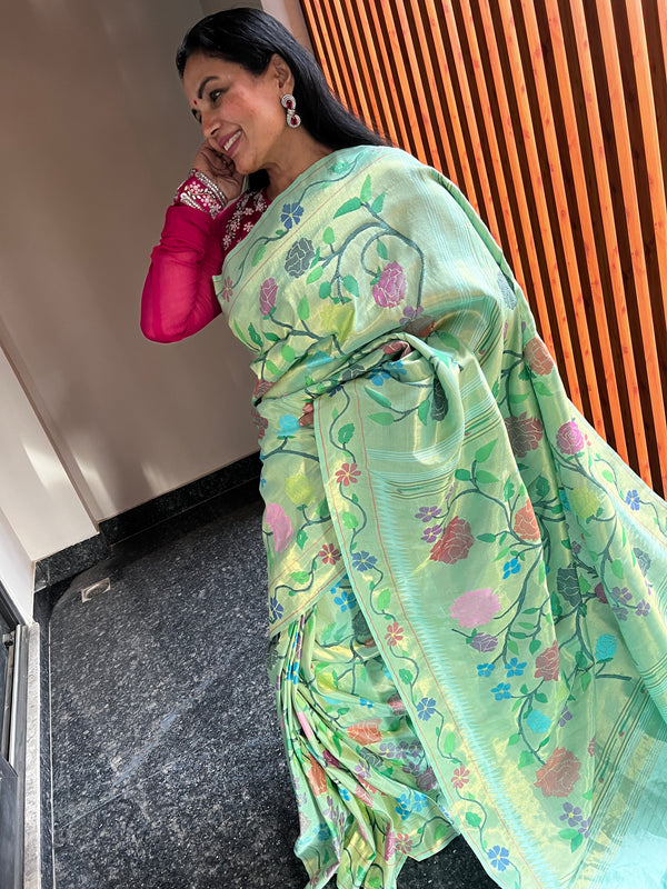 Mint Green Silk Brocade Jamdani Paithani Saree with Multicolour Roses