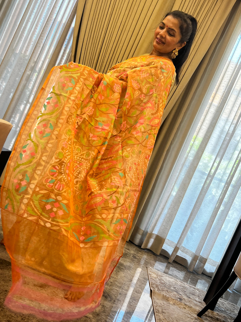 Tissue Kora Silk Jamdani in Rose Gold Hues