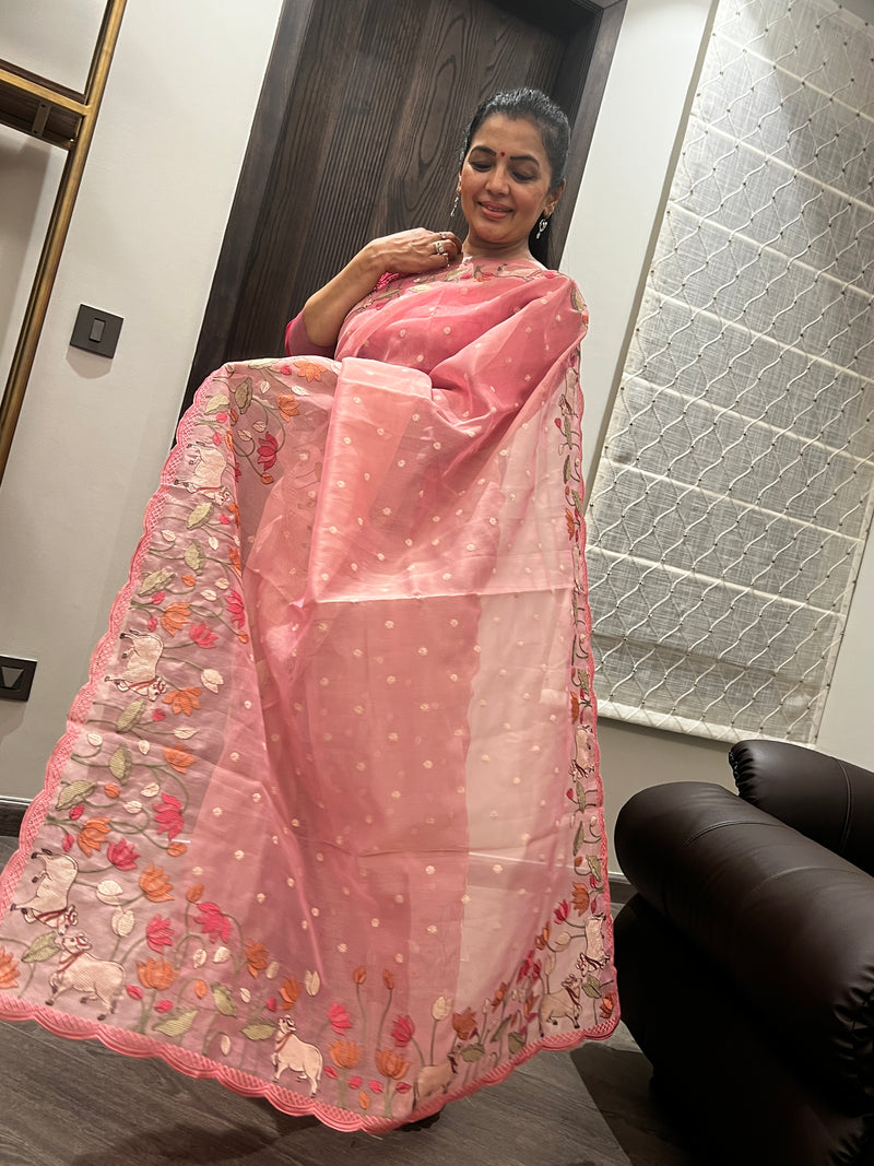 Intricate Craft in Every Thread: The Charm of Tissue Kora Silk Pichwai Embroidery